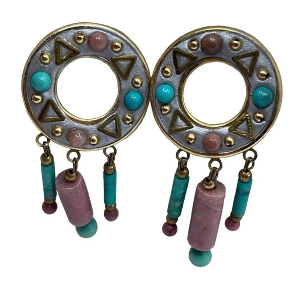 Vintage boho Aztec ethnic dangle beaded fringe earrings - Picture 1 of 8